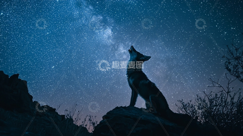 高清大图下载【趣麦麦图】星空下孤狼仰天长啸