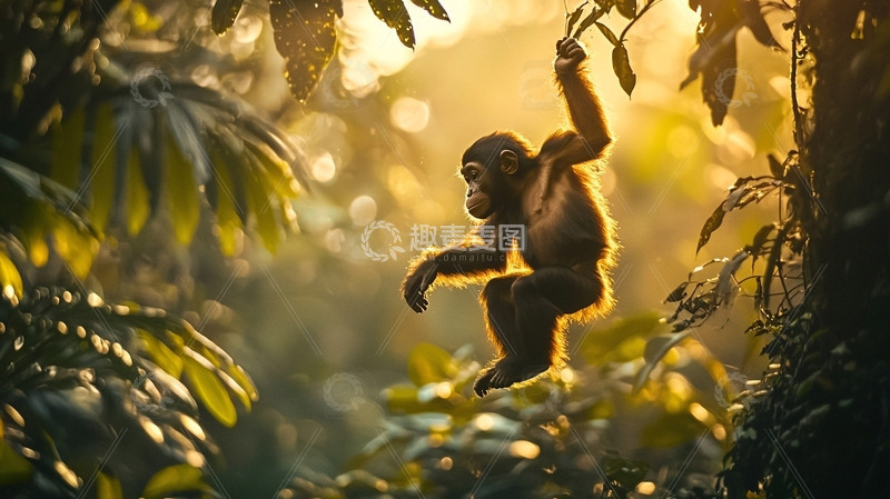 高清大图下载【趣麦麦图】阳光透过树林的黑猩猩幼崽