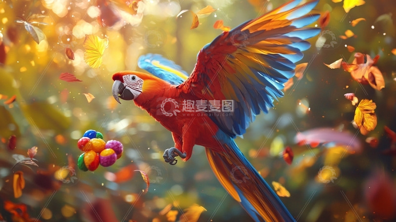 高清大图下载【趣麦麦图】红金刚鹦鹉飞翔落叶