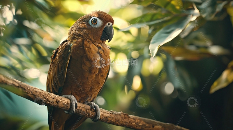 高清大图下载【趣麦麦图】棕红色鹦鹉栖息树枝