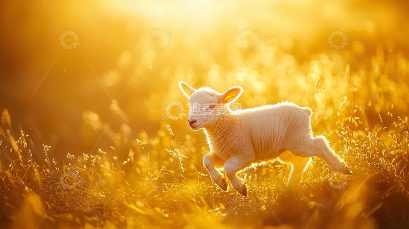 高清大图下载【趣麦麦图】金色阳光下奔跑的小羊羔