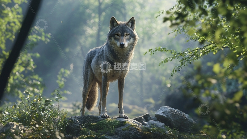 高清大图下载【趣麦麦图】森林中站立的灰狼