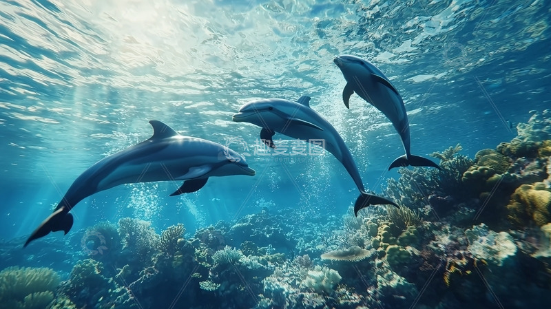高清大图下载【趣麦麦图】阳光下珊瑚礁海豚