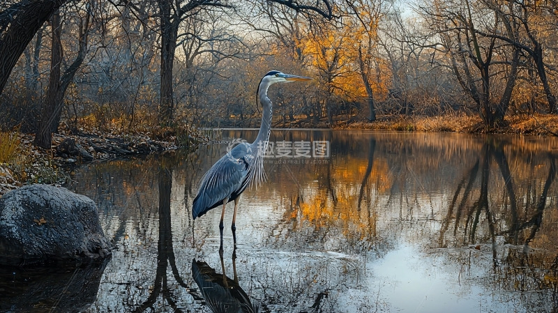 高清大图下载【趣麦麦图】秋季树林白鹭倒影