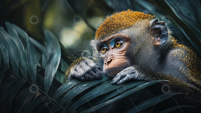 高清大图下载【趣麦麦图】小猴子在绿叶丛中凝望