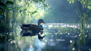 清晨湖边一只野鸭