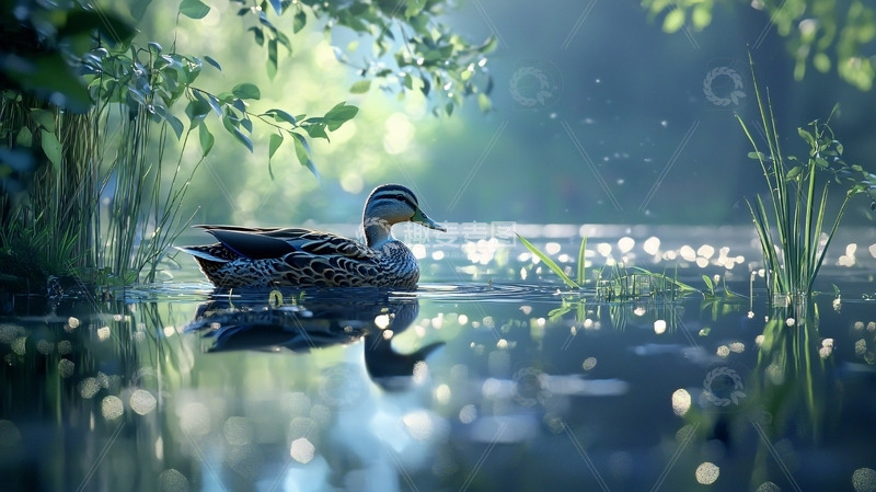 高清大图下载【趣麦麦图】清晨湖边一只野鸭