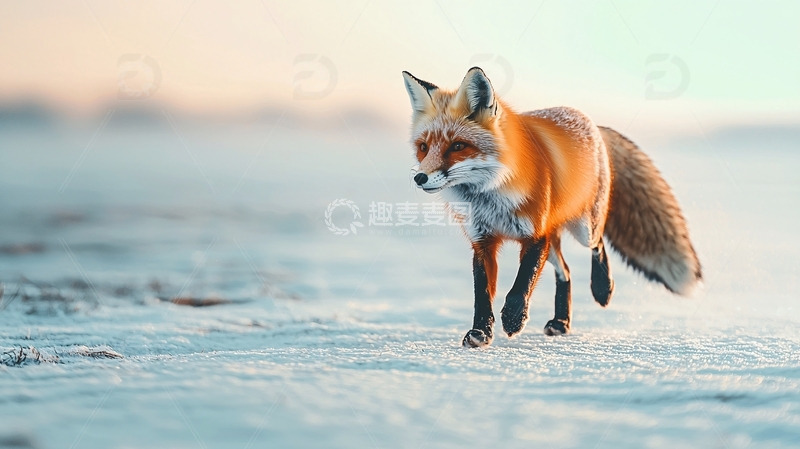 高清大图下载【趣麦麦图】红狐在雪地里奔跑