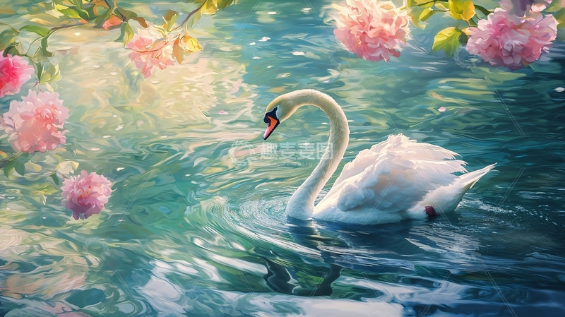 高清大图下载【趣麦麦图】天鹅在粉色花朵环绕的湖水中
