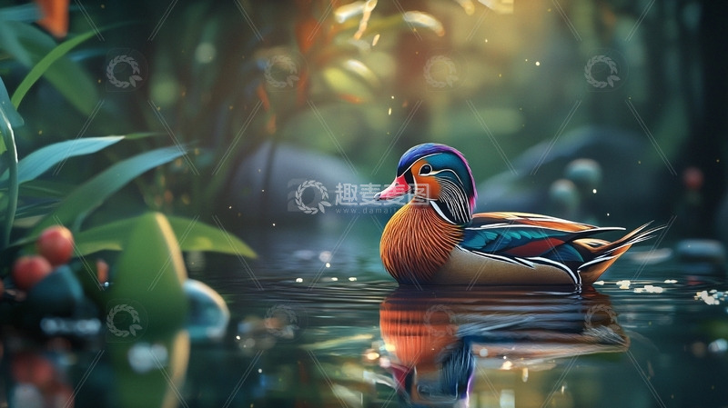 高清大图下载【趣麦麦图】梦幻森林里多彩鸳鸯