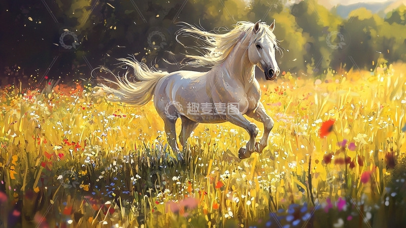 高清大图下载【趣麦麦图】白马奔腾在金色花田