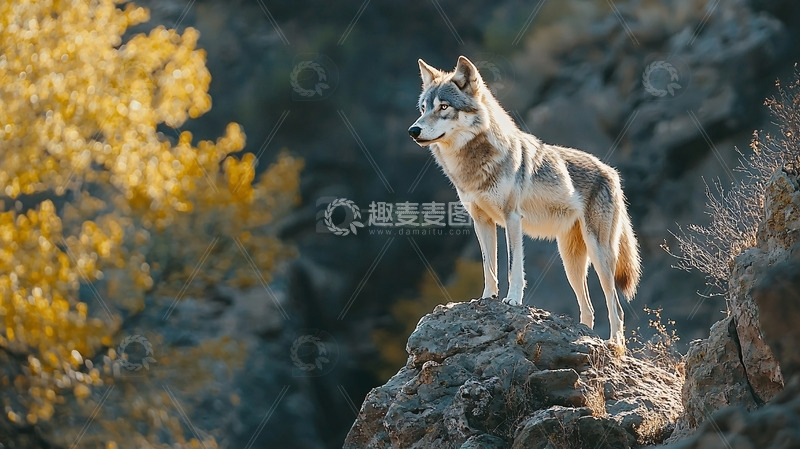 高清大图下载【趣麦麦图】灰狼伫立岩石