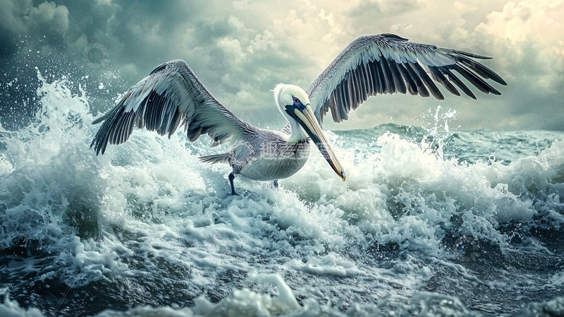 高清大图下载【趣麦麦图】风暴中飞翔的鹈鹕