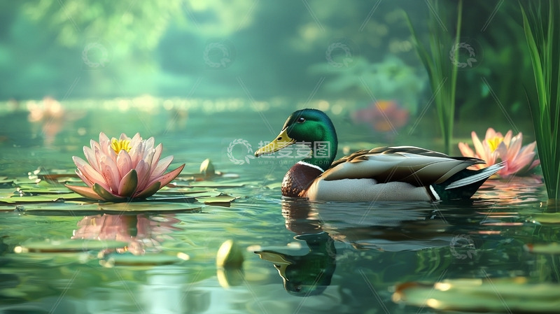 高清大图下载【趣麦麦图】绿头鸭在睡莲池塘中游泳