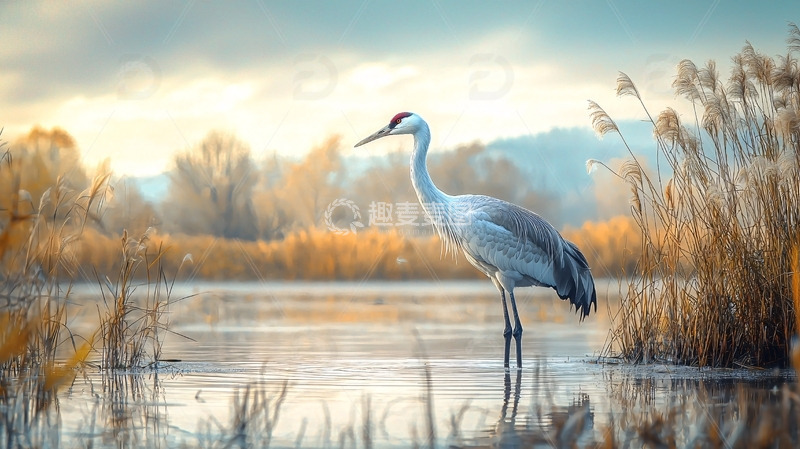 高清大图下载【趣麦麦图】清晨湖边灰鹤