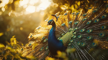 金色阳光下的孔雀开屏