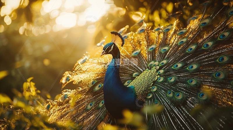 高清大图下载【趣麦麦图】金色阳光下的孔雀开屏