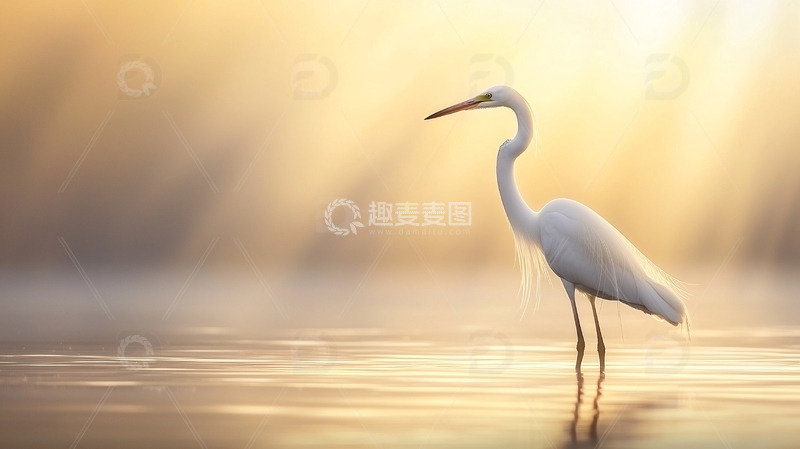 高清大图下载【趣麦麦图】清晨雾霭中优雅白鹭