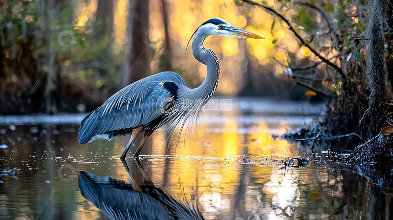 高清大图下载【趣麦麦图】蓝鹭倒影夕阳沼泽