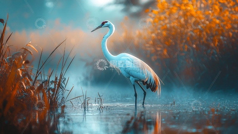 高清大图下载【趣麦麦图】清晨雾霭中优雅的白鹤