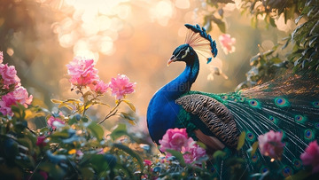 蓝孔雀与粉色玫瑰花丛