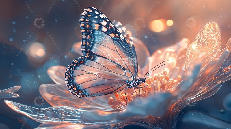 高清大图下载【趣麦麦图】梦幻蝴蝶停落在水晶花朵上