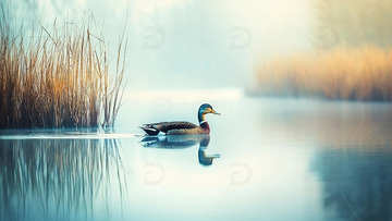 清晨湖面一只野鸭