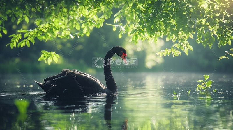 高清大图下载【趣麦麦图】黑天鹅在绿树成荫的湖面