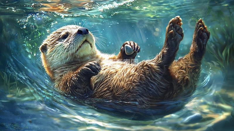 高清大图下载【趣麦麦图】水中嬉戏的小海獭