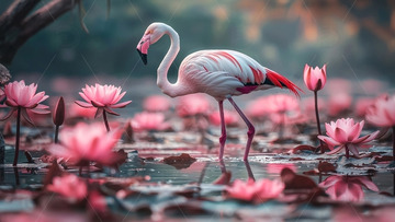粉红火烈鸟与粉色睡莲