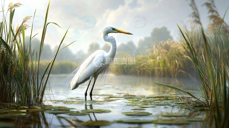 高清大图下载【趣麦麦图】白鹭在清晨的湿地