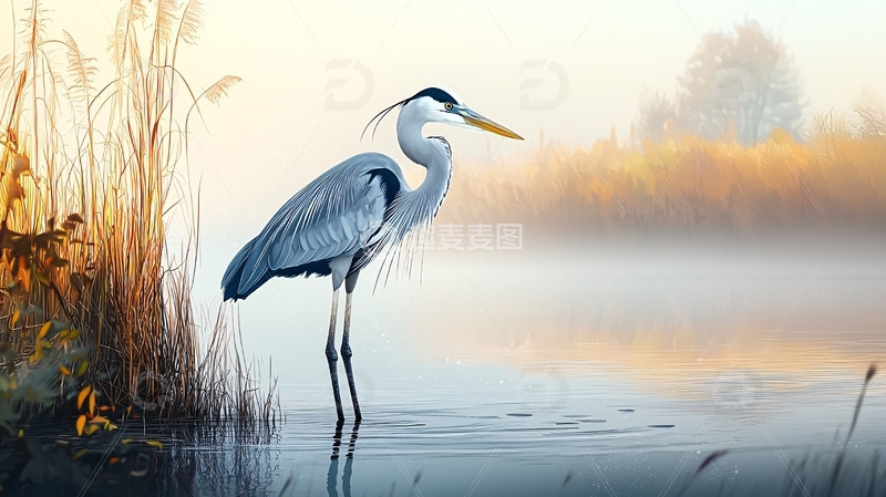 高清大图下载【趣麦麦图】清晨薄雾中伫立的灰鹭