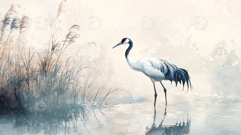高清大图下载【趣麦麦图】水墨丹顶鹤芦苇水边