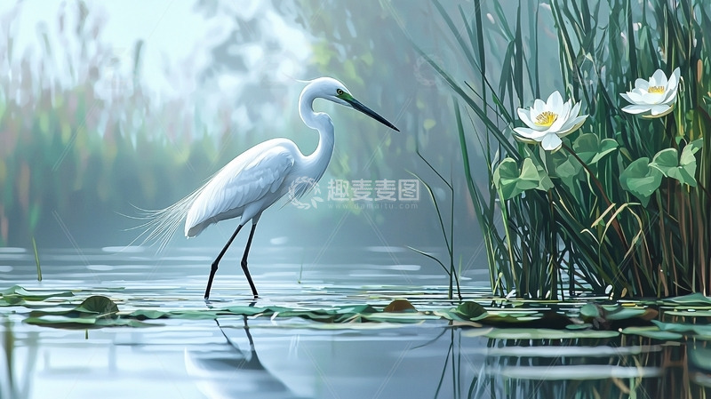 高清大图下载【趣麦麦图】白鹭在莲叶间觅食