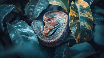 蜷缩在绿叶间的蛇