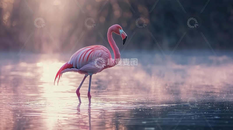 高清大图下载【趣麦麦图】粉红火烈鸟晨曦湖泊