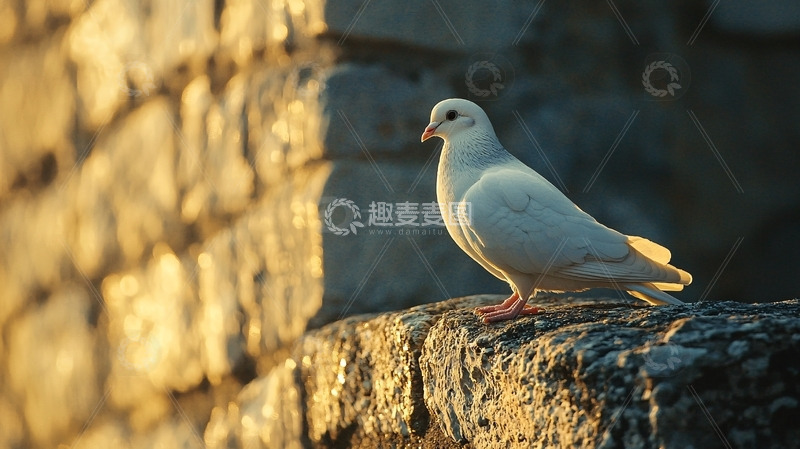 高清大图下载【趣麦麦图】白鸽石墙背景夕阳