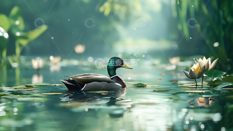 高清大图下载【趣麦麦图】绿头鸭在宁静水塘中畅游