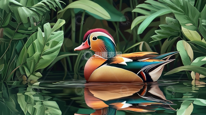 高清大图下载【趣麦麦图】色彩斑斓的鸳鸯在水中