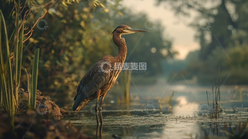 高清大图下载【趣麦麦图】黄昏湿地白鹭栖息