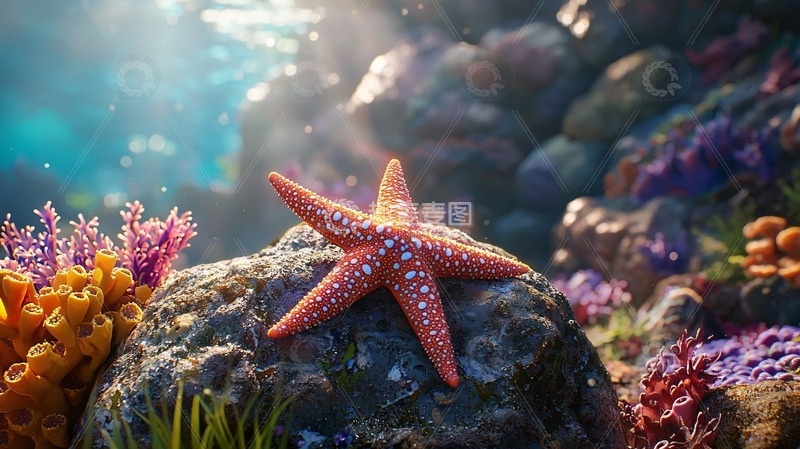 高清大图下载【趣麦麦图】阳光下的珊瑚礁上的海星