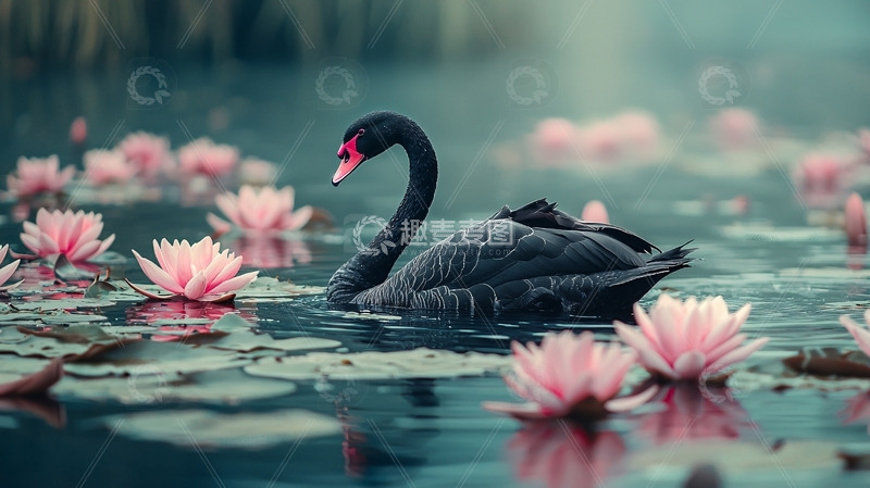 高清大图下载【趣麦麦图】黑天鹅与粉色睡莲