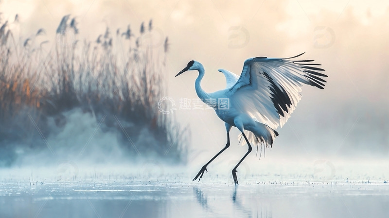 高清大图下载【趣麦麦图】清晨雾中展翅白鹤