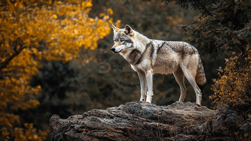 秋季森林里灰狼站立在岩石上