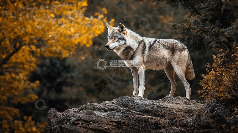 高清大图下载【趣麦麦图】秋季森林里灰狼站立在岩石上