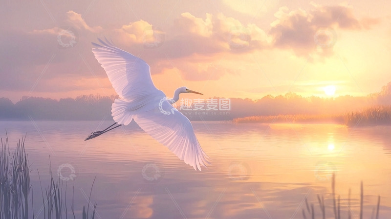 高清大图下载【趣麦麦图】清晨白鹭飞翔日出
