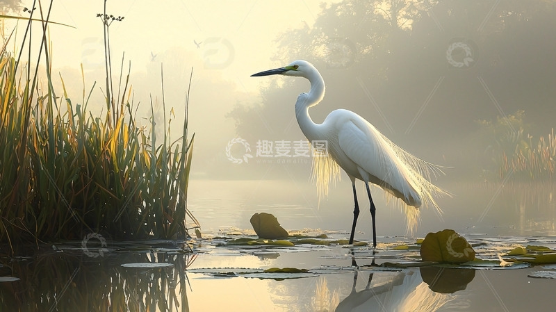 高清大图下载【趣麦麦图】晨雾中优雅的白鹭