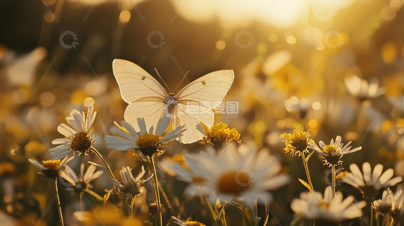 高清大图下载【趣麦麦图】阳光下白蝴蝶与雏菊