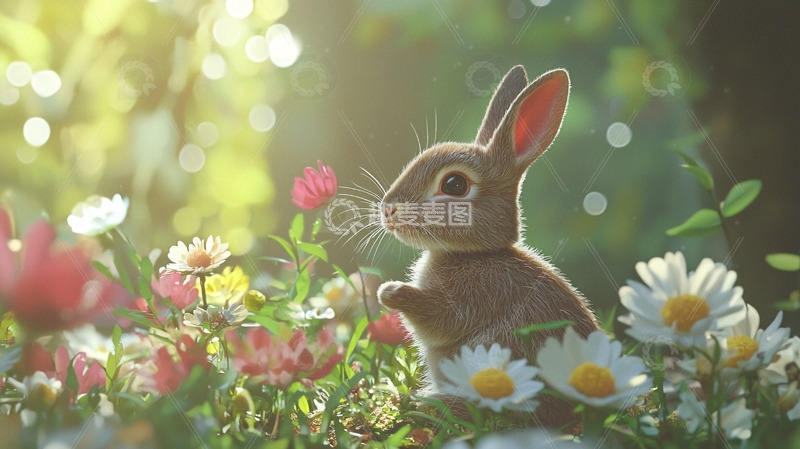 高清大图下载【趣麦麦图】可爱的小兔子在花丛中