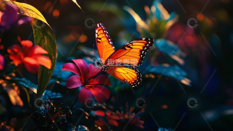 高清大图下载【趣麦麦图】橙色蝴蝶停在彩色鲜花上